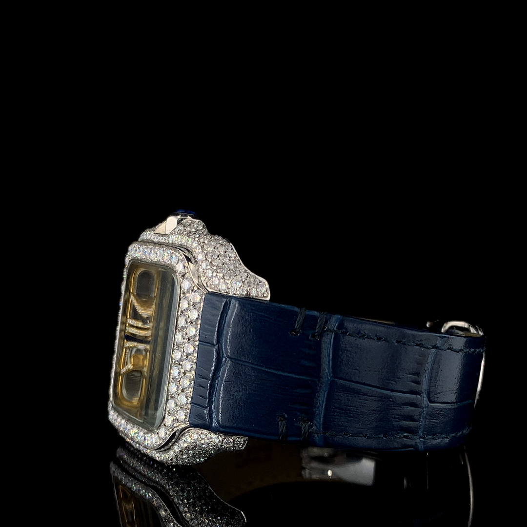 Cartier Santos Skeleton Leather Belt VVS Moissanite Diamond Iced Out Watch