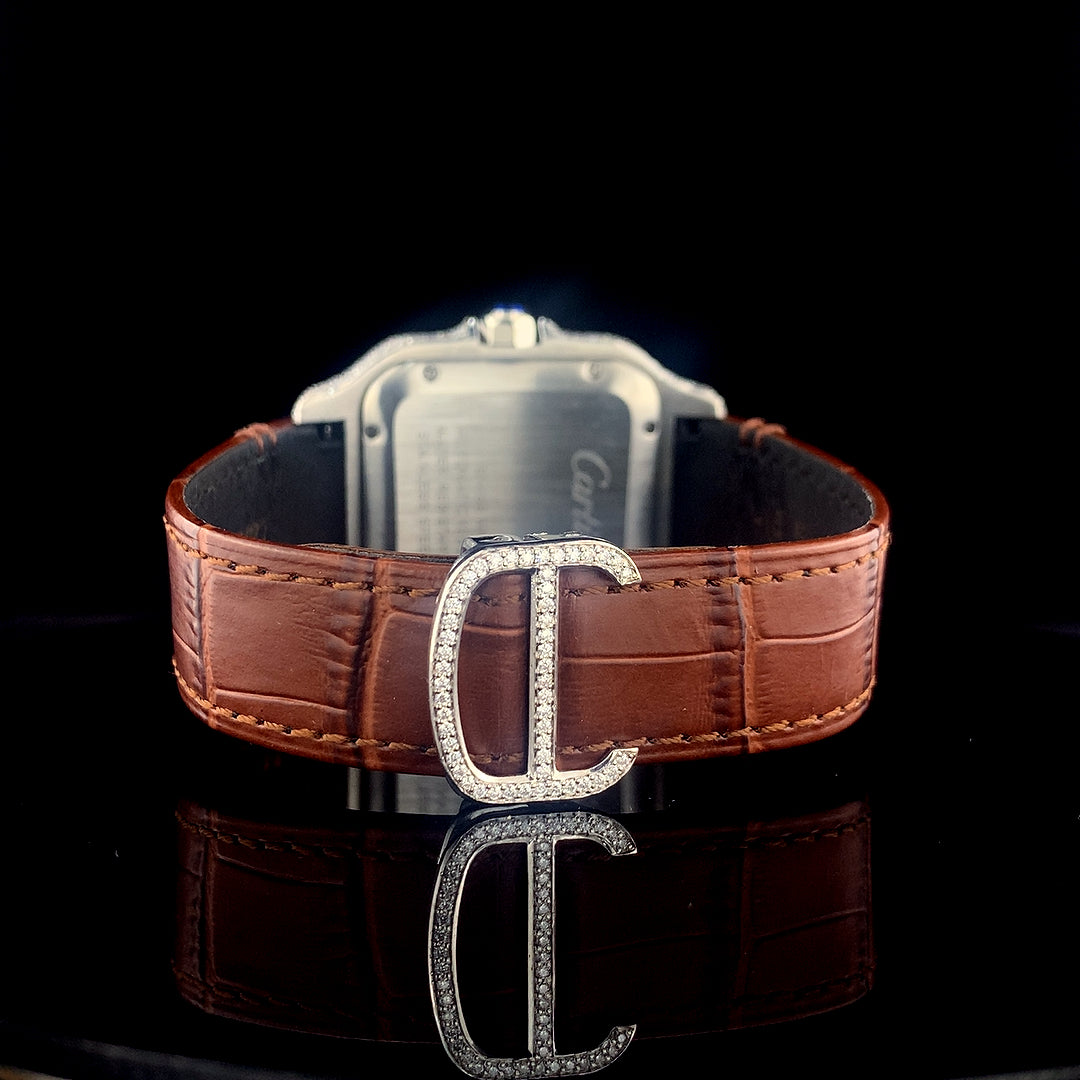 Cartier Santos Leather Belt VVS Moissanite Diamond Iced Out Watch