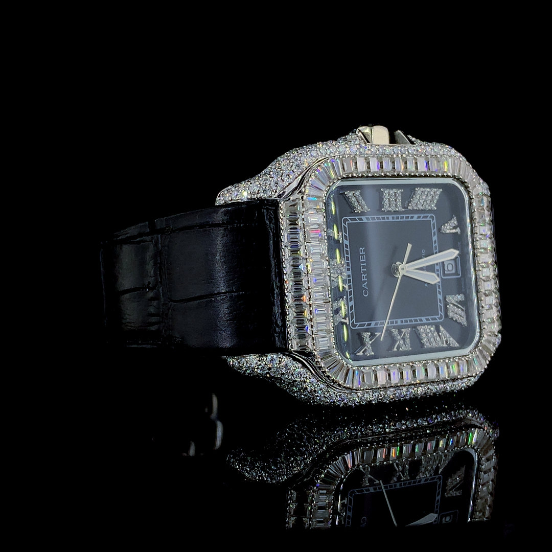 Cartier Santos Leather Belt VVS Moissanite Diamond Iced Out Watch