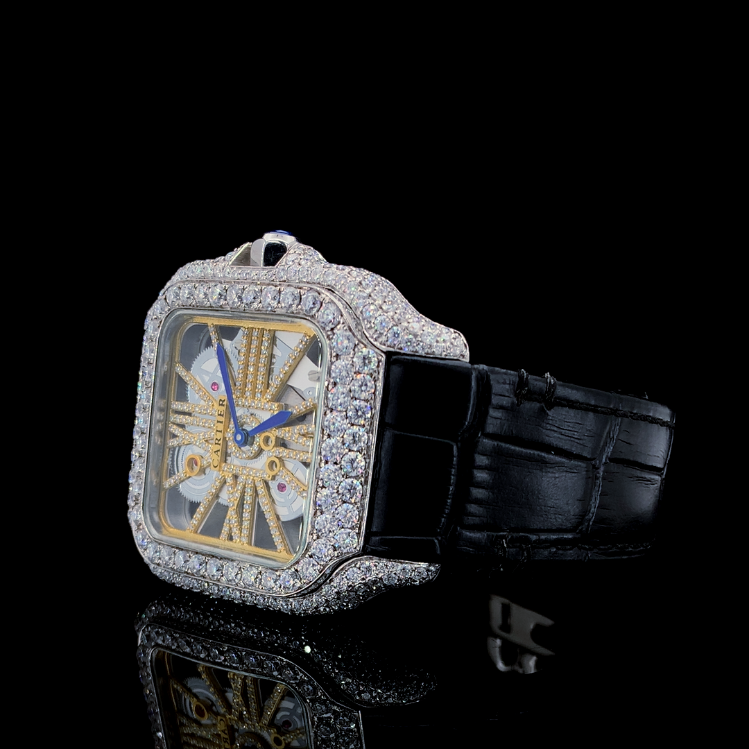 Cartier Santos Skeleton Leather Belt VVS Moissanite Diamond Iced Out Watch