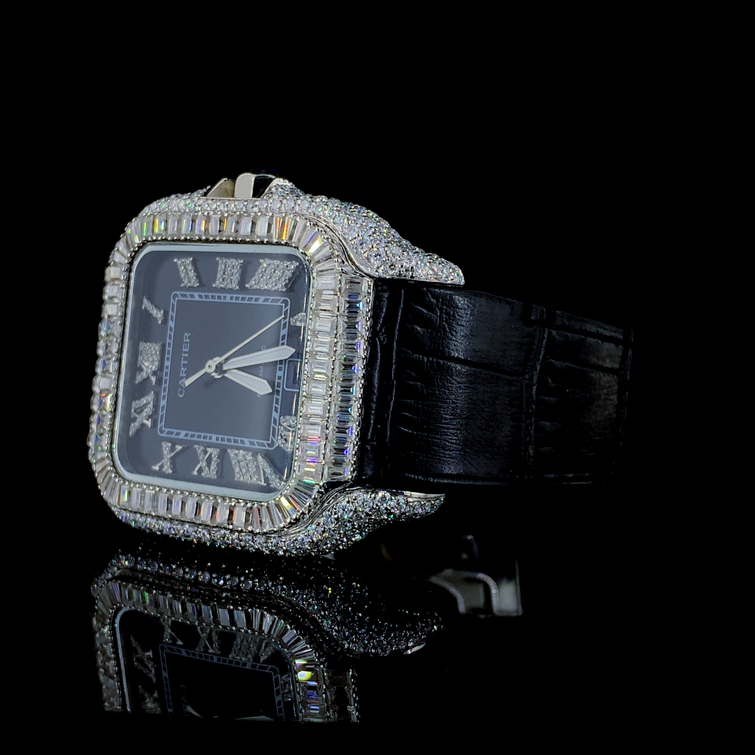 Cartier Santos Leather Belt VVS Moissanite Diamond Iced Out Watch