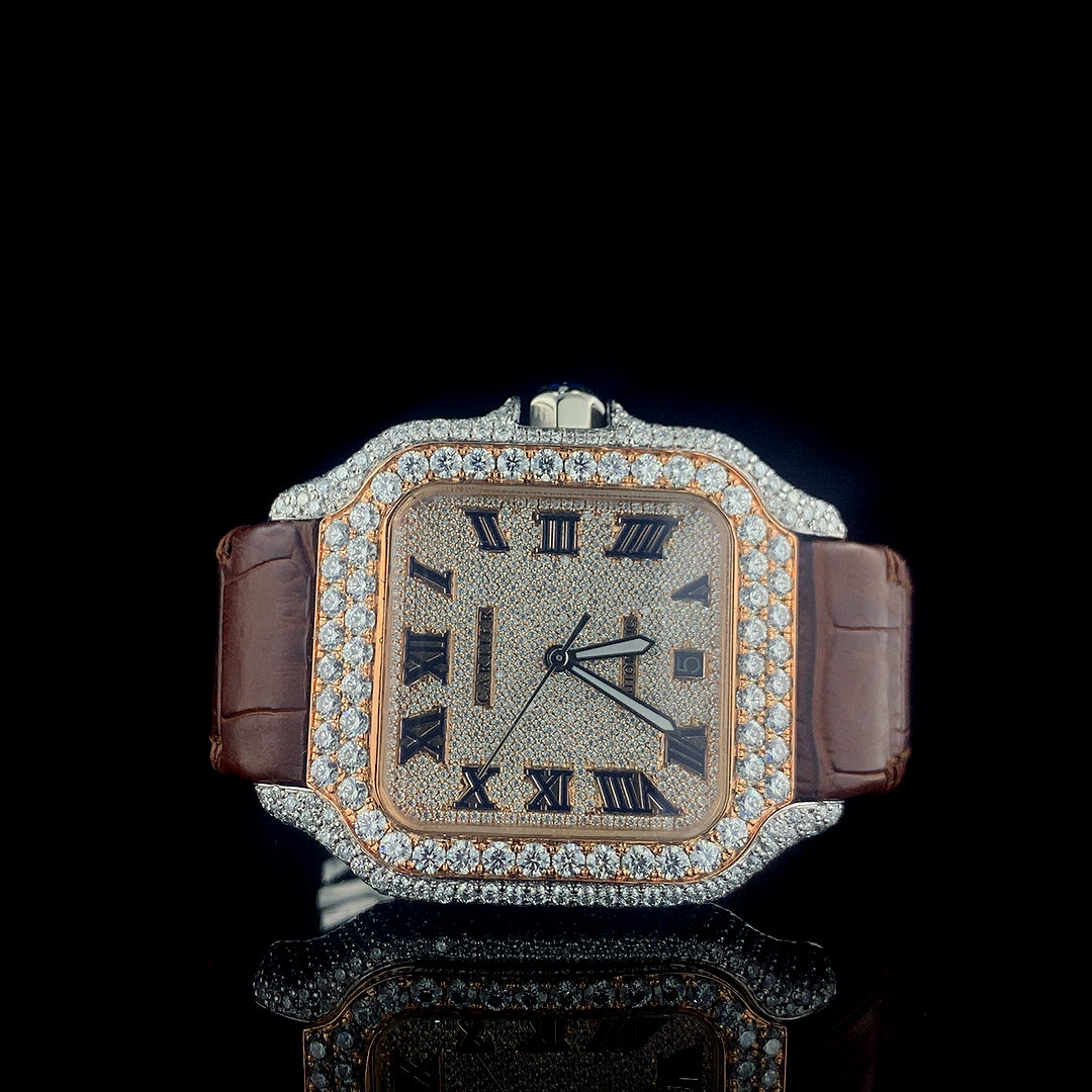 Cartier Santos Leather Belt VVS Moissanite Diamond Iced Out Watch