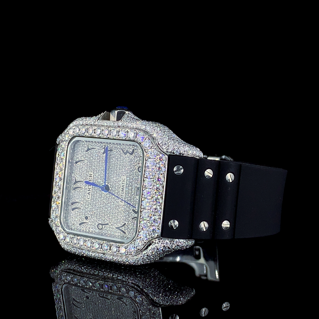 Cartier Santos Leather Belt VVS Moissanite Diamond Iced Out Watch