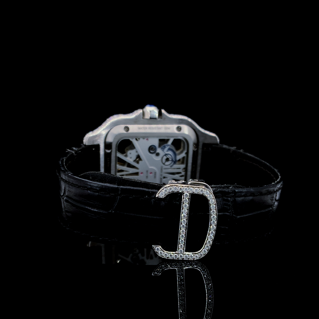 Cartier Santos Skeleton Leather Belt VVS Moissanite Diamond Iced Out Watch