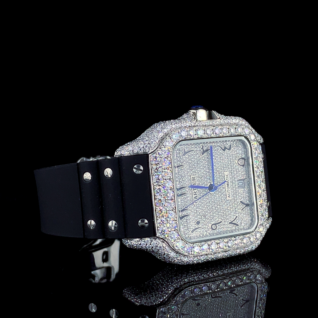 Cartier Santos Leather Belt VVS Moissanite Diamond Iced Out Watch