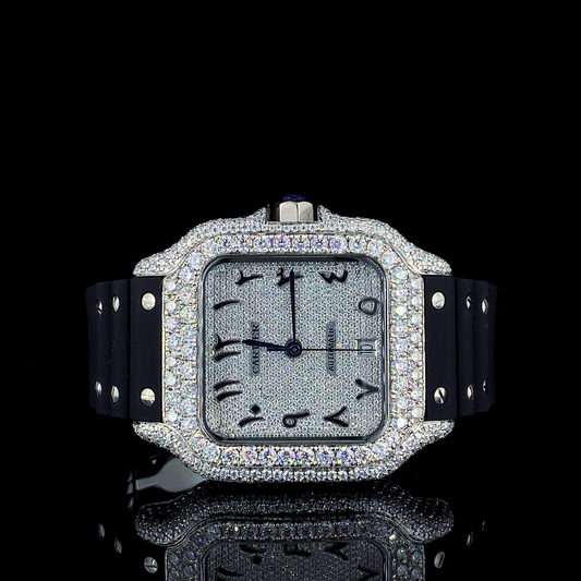 Cartier Santos Leather Belt VVS Moissanite Diamond Iced Out Watch