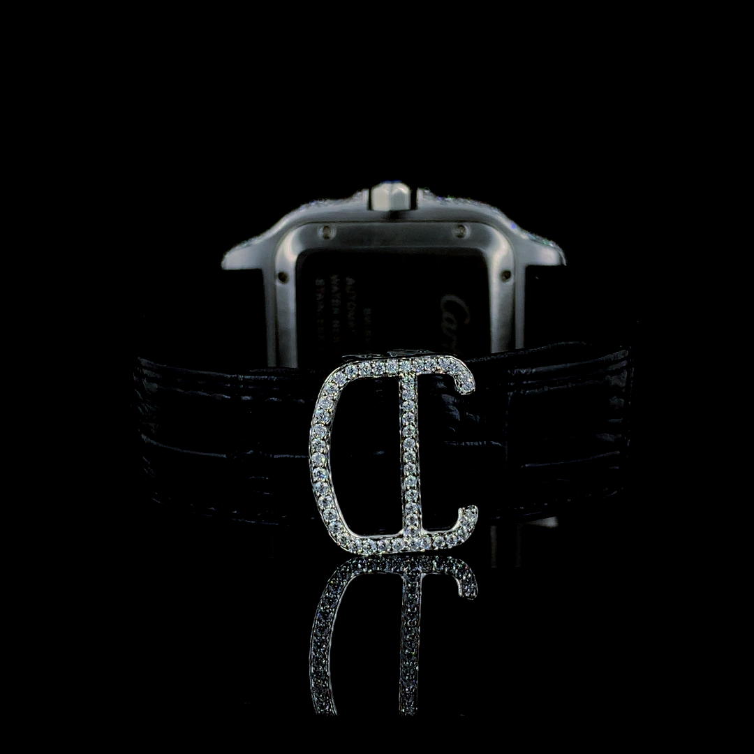 Cartier Santos Leather Belt VVS Moissanite Diamond Iced Out Watch