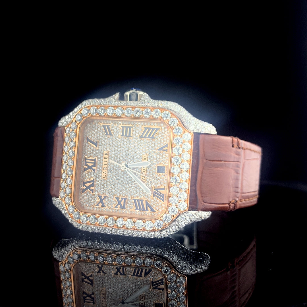 Cartier Santos Leather Belt VVS Moissanite Diamond Iced Out Watch