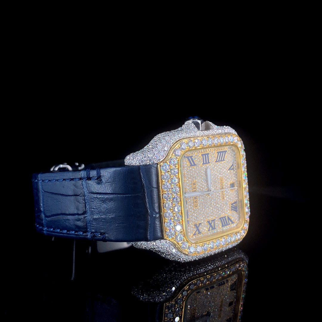 Cartier Santos Leather Belt VVS Moissanite Diamond Iced Out Watch