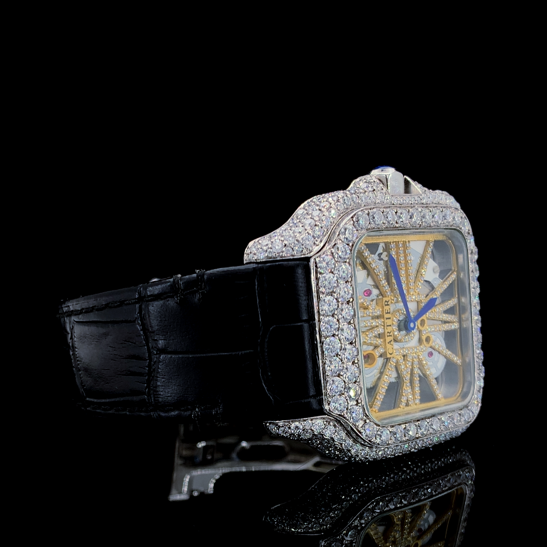 Cartier Santos Skeleton Leather Belt VVS Moissanite Diamond Iced Out Watch