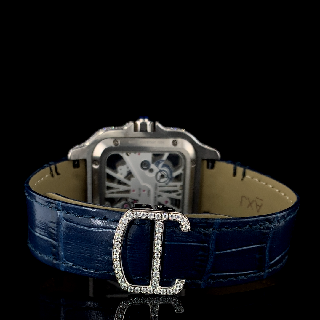 Cartier Santos Skeleton Leather Belt VVS Moissanite Diamond Iced Out Watch