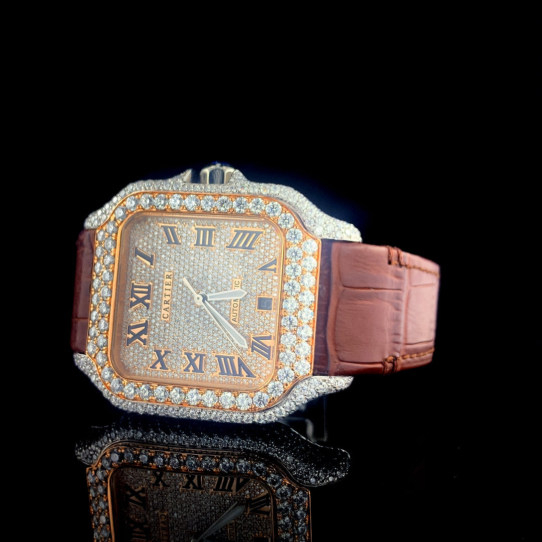 Cartier Santos Leather Belt VVS Moissanite Diamond Iced Out Watch