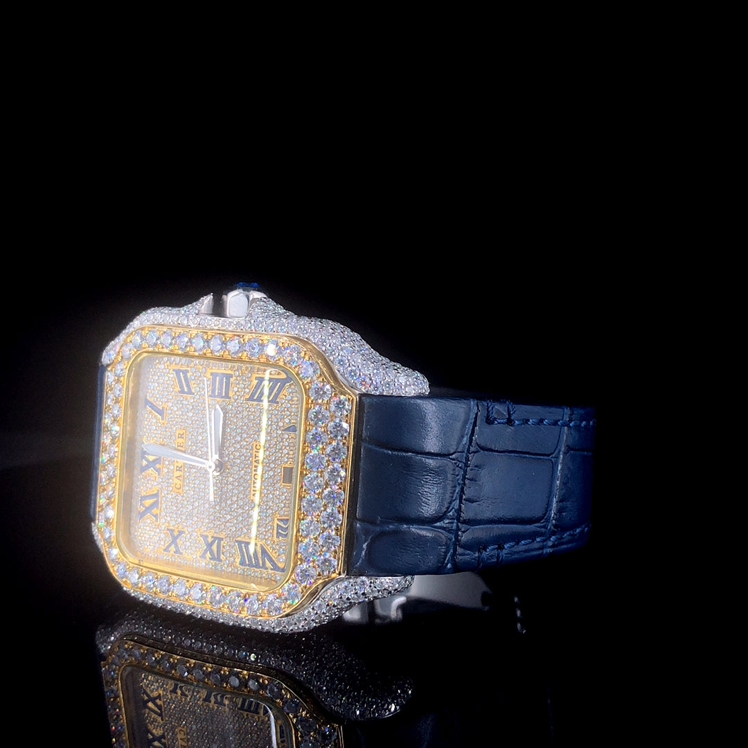 Cartier Santos Leather Belt VVS Moissanite Diamond Iced Out Watch