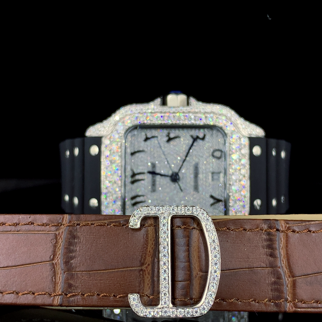 Cartier Santos Leather Belt VVS Moissanite Diamond Iced Out Watch