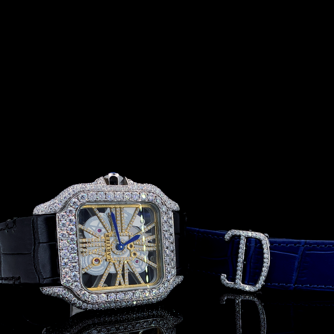 Cartier Santos Skeleton Leather Belt VVS Moissanite Diamond Iced Out Watch