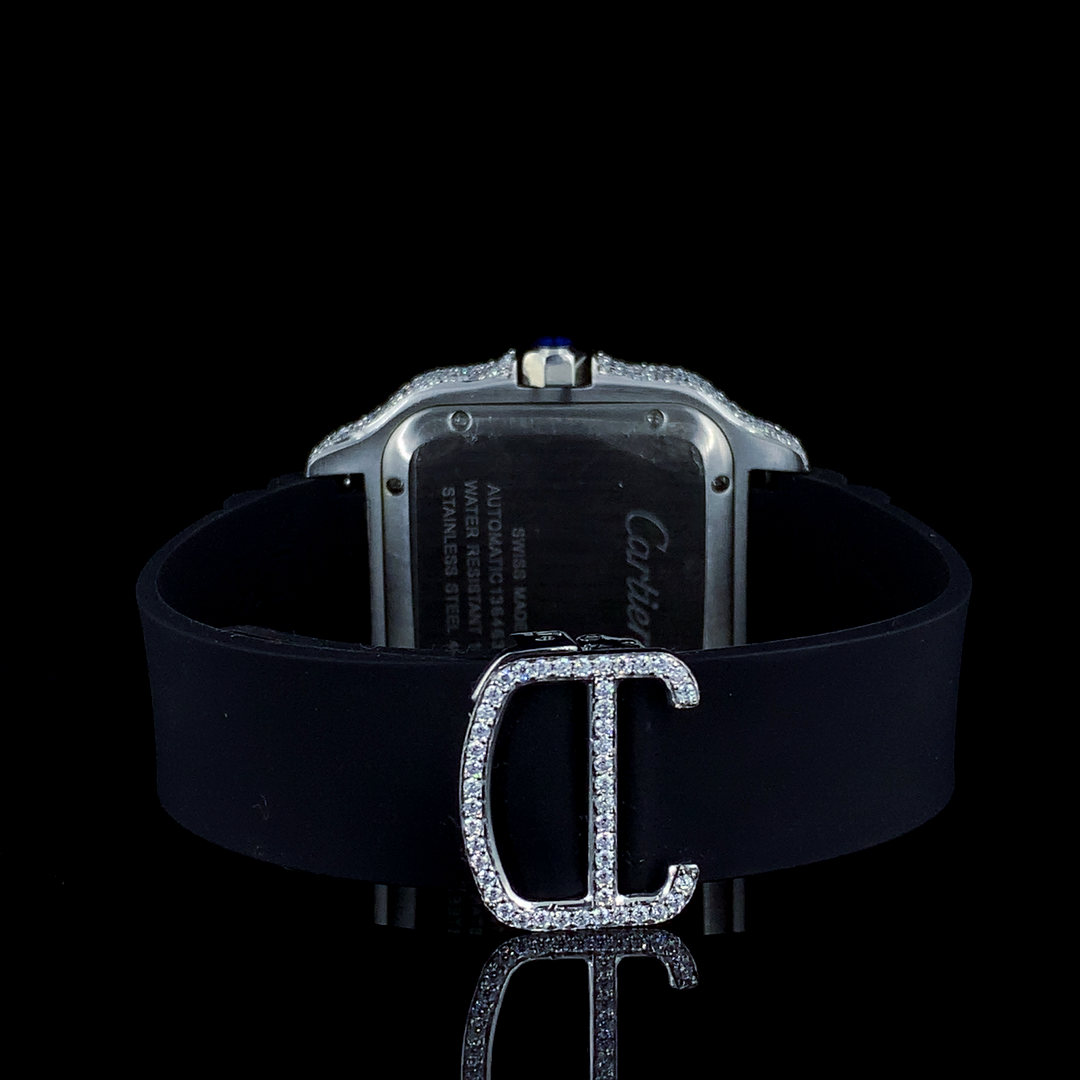 Cartier Santos Leather Belt VVS Moissanite Diamond Iced Out Watch