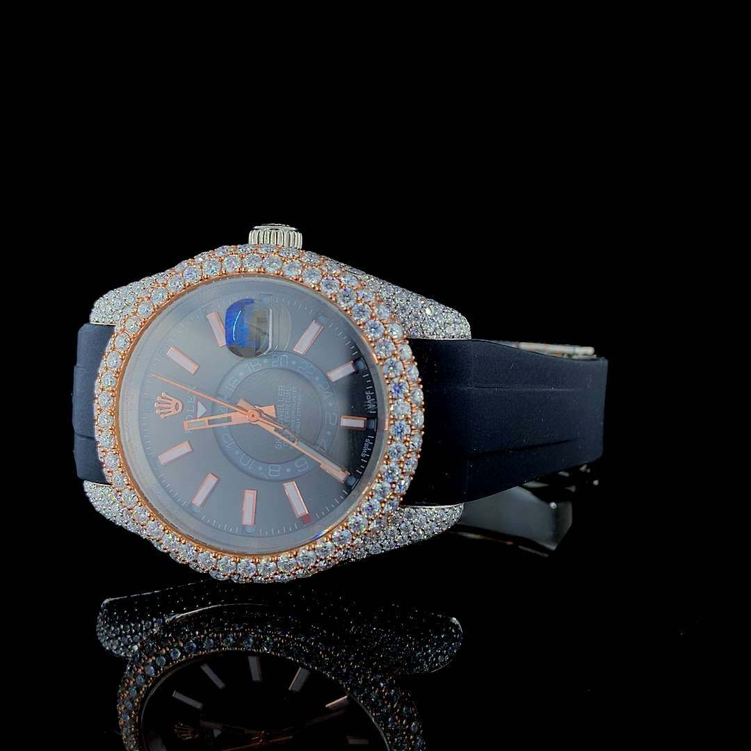 Rolex Skydweller Rubber Belt VVS Moissanite Diamond Iced Out Watch