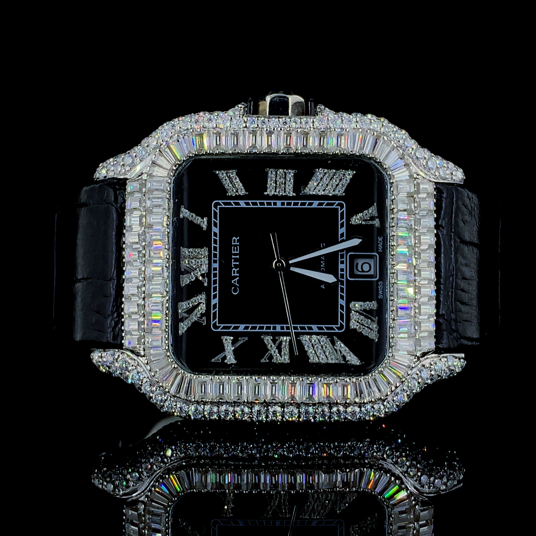 Cartier Santos Leather Belt VVS Moissanite Diamond Iced Out Watch