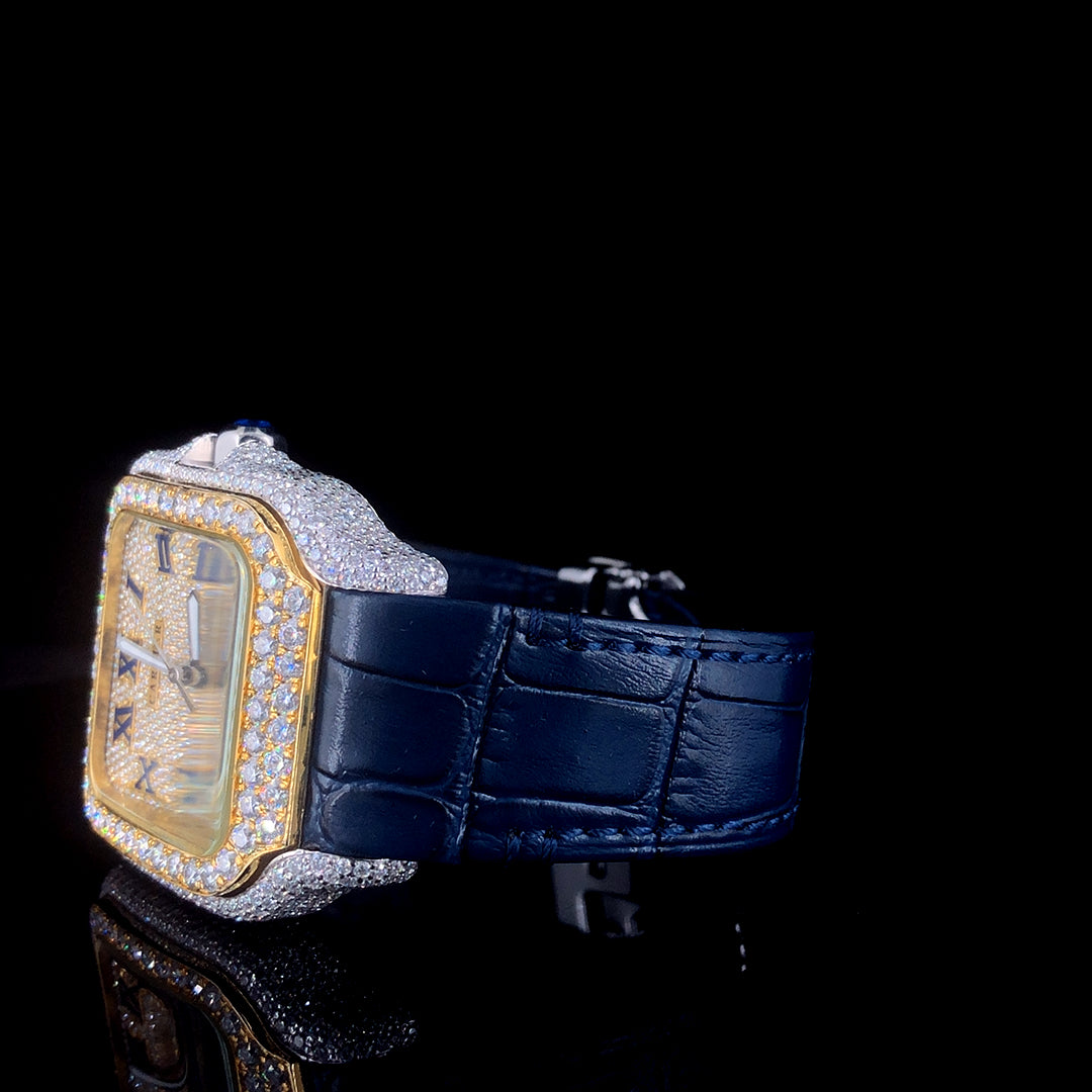 Cartier Santos Leather Belt VVS Moissanite Diamond Iced Out Watch